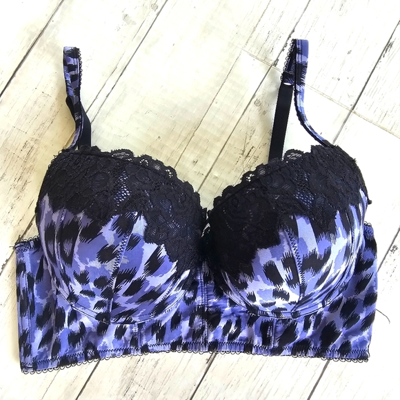 Kardashian Intimates Snow Leopard Mahalia Bustier Lingerie Set Purple Black Lace - Picture 2 of 16